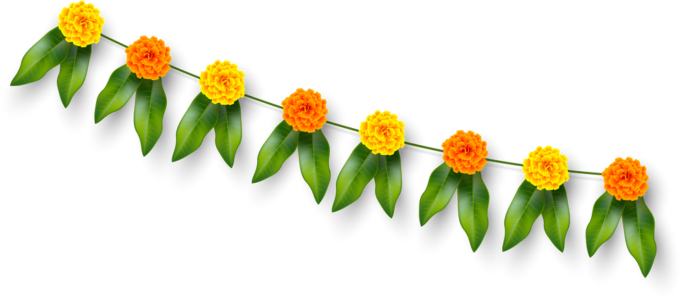 Traditional Indian Floral Garland with Marigold Flowers and Mango Leaves. Decoration for Indian Hindu Holidays or Wedding.